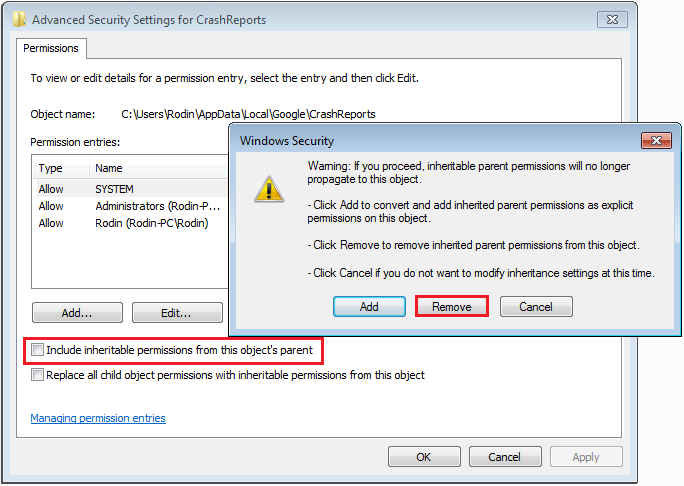 advanced security settings for crashreports windows security